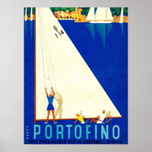 Vintage Portofino Blue Sea White Sailcraft Tourism Poster