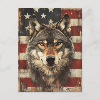 Vintage Portrait Wolf Mit Amerikanischer Flagge Vykort