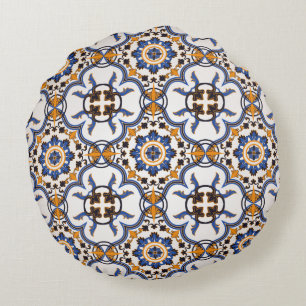 Vintage Portugisiska Azulejo Blue Gult Mönster Rund Kudde
