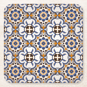 Vintage Portugisiska Azulejo Blue Gult Mönster Underlägg Papper Kvadrat