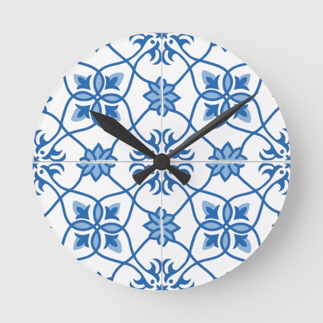 Vintage Portugisiska Azulejo Tile Mönster Rund Klocka (Framsida)