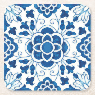 Vintage Portugisiska Blue Azulejos Tile Mönster Underlägg Papper Kvadrat