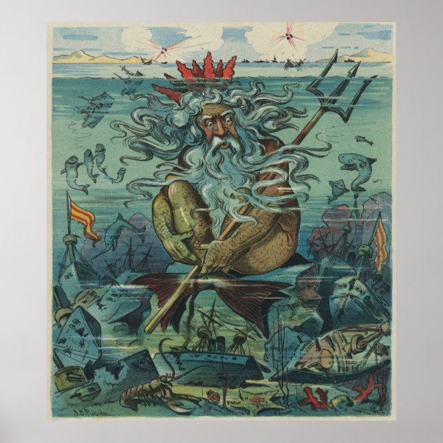 Vintage Poseidon & Sunken Fraktass Illustration Poster (Framsidan)