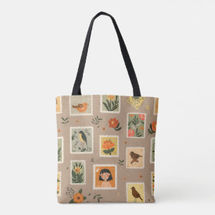 Vintage Postage Frimärke Tote Bag - Blommigt och f Tygkasse