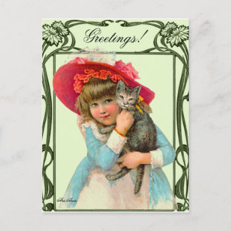 VINTAGE POSTCARD CHILD W RED HAT AND CAT BY ARA VYKORT