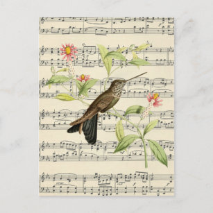 vintage postkort botanisk hummingbird-musik vykort