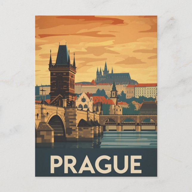 Vintage Prag Resemalannons Charlesbron Vykort (Framsida)
