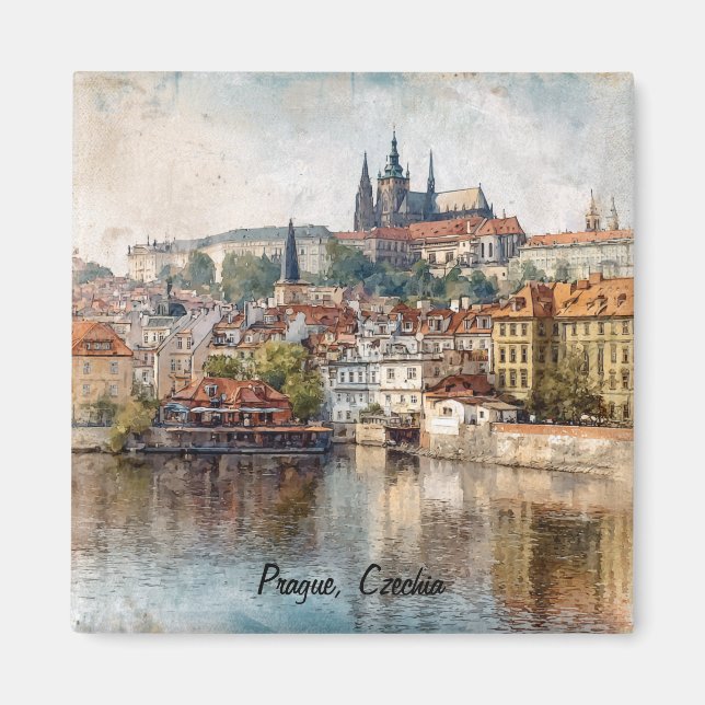 Vintage Prag Tjeckien Akvarellmålning  Magnet (Framsidan)