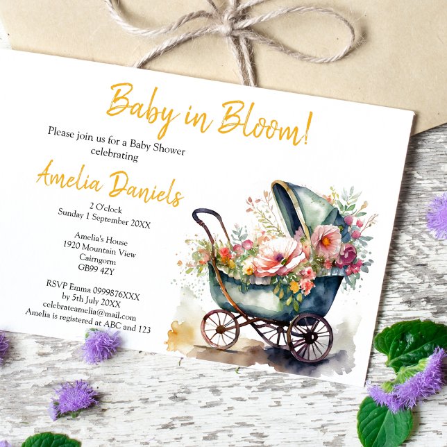 Vintage Pram Baby i BLOMMY-inbjudan Inbjudningar (Skapare uppladdad)