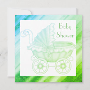 VINTAGE PRAM BABY SHOWER INVICATION grönt blue Inbjudningar
