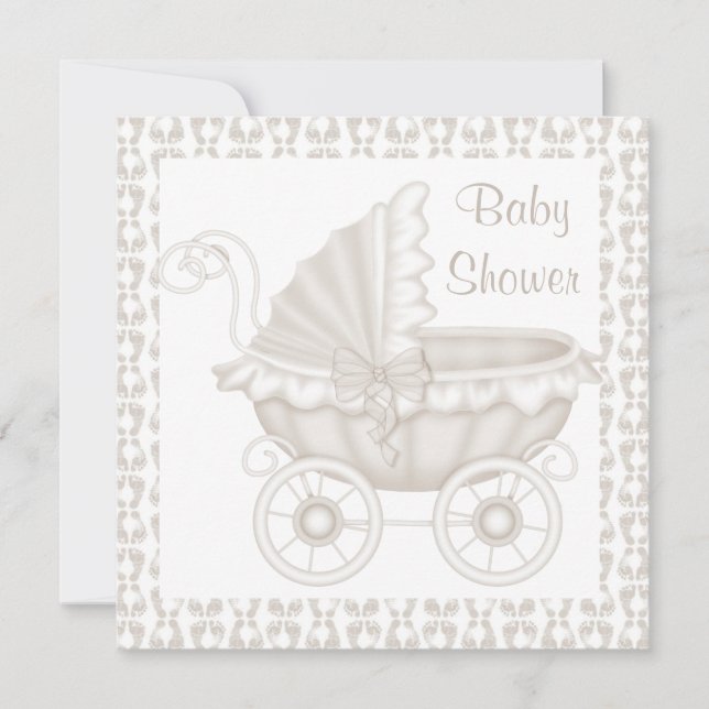 VINTAGE PRAM BABY SHOWER INVITATION SEPIA/WHITE INBJUDNINGAR (Framsida)