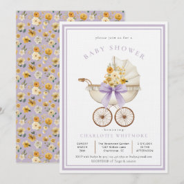 Vintage Pram Baby Shower Lavender & Golden Floral Inbjudningar