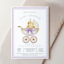 Vintage Pram Baby Shower Lavender & Golden Floral