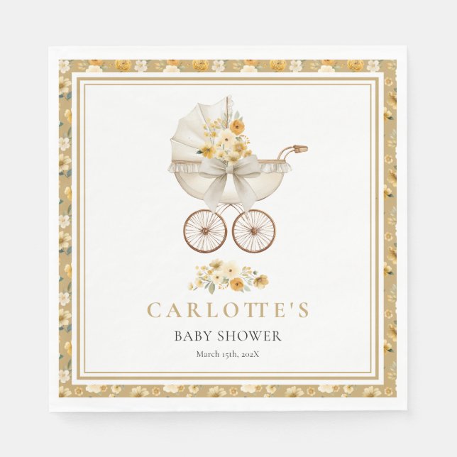 Vintage Pram Baby Shower Luncheon Napkin | Gold Pappersservett (Framsidan)
