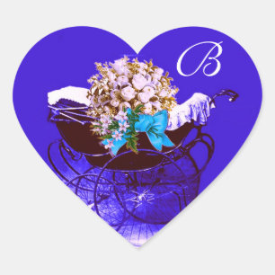 VINTAGE PRAM, BLOMMAR BABY SHOWER HEART MONOGRAM HJÄRTFORMAT KLISTERMÄRKE