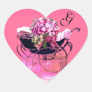 VINTAGE PRAM, BLOMMOR BABY SHOWART MONOGRAM HJÄRTFORMAT KLISTERMÄRKE