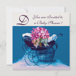 VINTAGE PRAM-FLÖDEN BLUE BABY SHOWER MONOGRAM INBJUDNINGAR