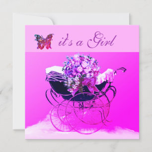 VINTAGE-PRAM,LÖNER,BUTTERFLIES ROSA BABY SHOWER INBJUDNINGAR