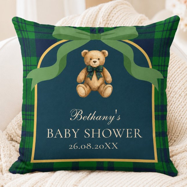 Vintage Preppy Teddy Bear Grön Plaid Nurseries Kudde (Vintage Preppy Teddy Bear Green Plaid Nursery Throw Pillow)