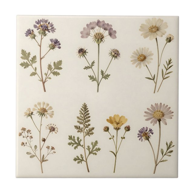 Vintage Pressad Vildblomma Botaniskt Mönster Kakelplatta (Framsidan)