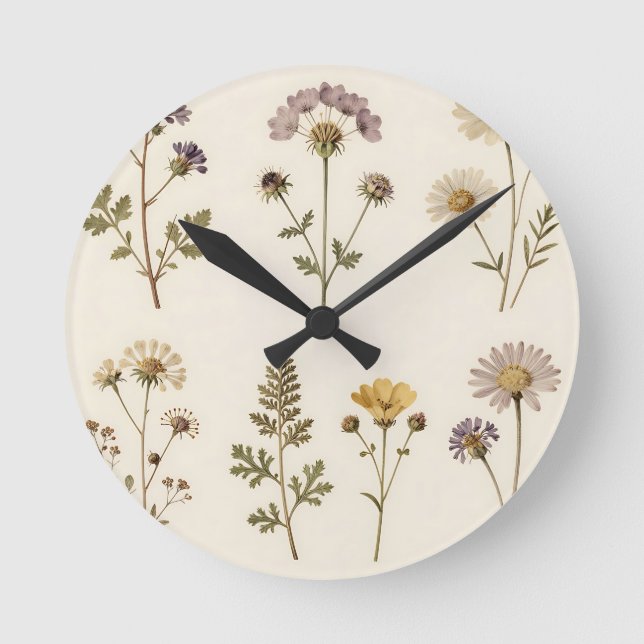 Vintage Pressat Vildblomma Botaniskt Mönster Rund Klocka (Framsida)
