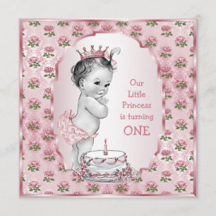 Vintage Princess Baby Rosa ros 1:a födelsedagskaka Inbjudningar