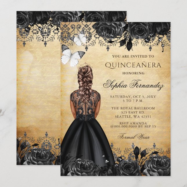 Vintage Princess Black Butterfly Quinceañera Inbjudningar (Fram/baksida)