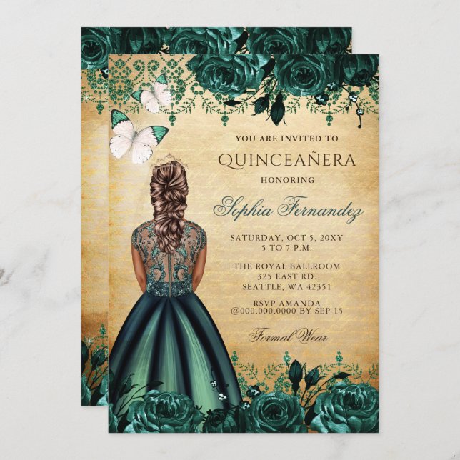 Vintage Princess Grönt Butterfly Quinceañera Inbjudningar (Fram/baksida)