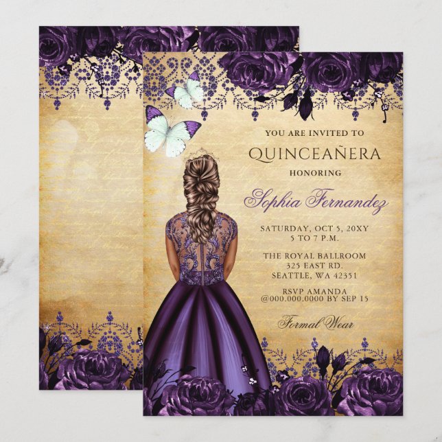 Vintage Princess Lila Butterfly Quinceañera Inbjudningar (Fram/baksida)