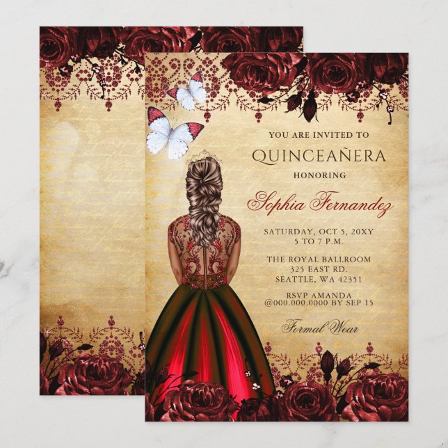 Vintage Princess Red Butterfly Quinceañera Inbjudningar (Fram/baksida)