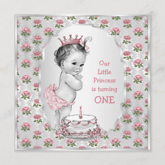 Vintage Princess Ro 1:a födelsedagen Cake Silver Inbjudningar