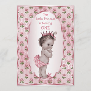 Vintage Princess Rosa ros 1:a eller 2:a födelsedag Inbjudningar