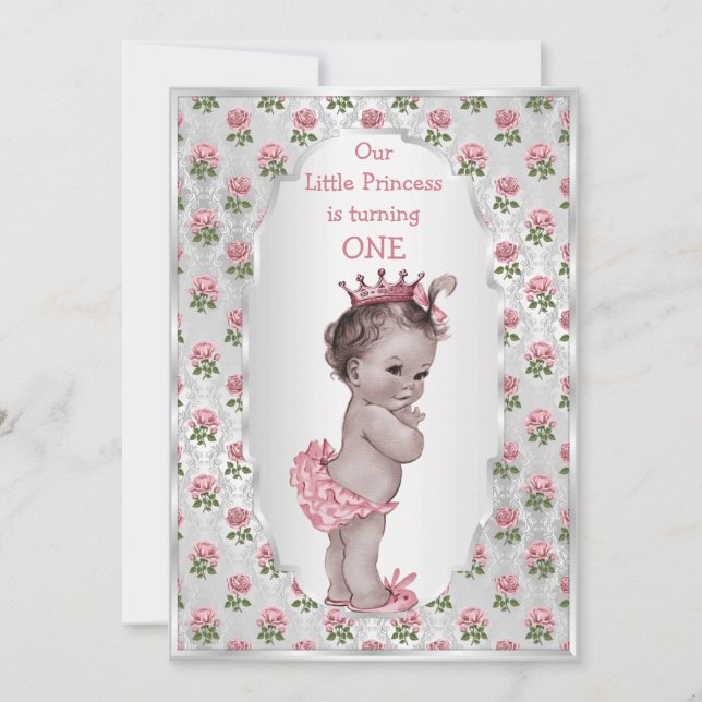 Vintage Princess Rosa ros Silver Baby födelsedag Inbjudningar (Framsida)