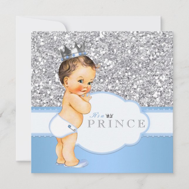 Vintage prins baby shower blå och silver inbjudningar (Framsida)