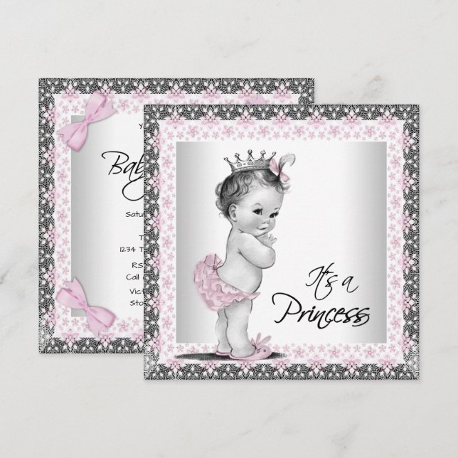 Vintage prinsessa baby shower inbjudan (Fram/baksida)