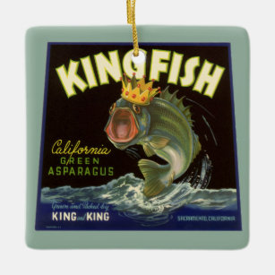 Vintage Product can Label Art, Kingfish Asparagus Julgransprydnad Keramik