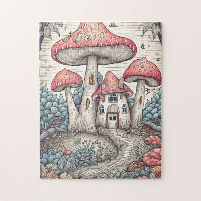 Vintage Psychedelic Mushroom House Illustration Pussel (Vertikal)