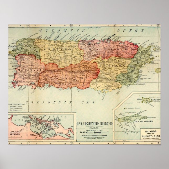 Vintage Puerto Rico Karta, 1898 Poster (Framsidan)