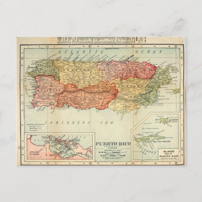 Vintage Puerto Rico Karta, 1898 Vykort (Framsida)