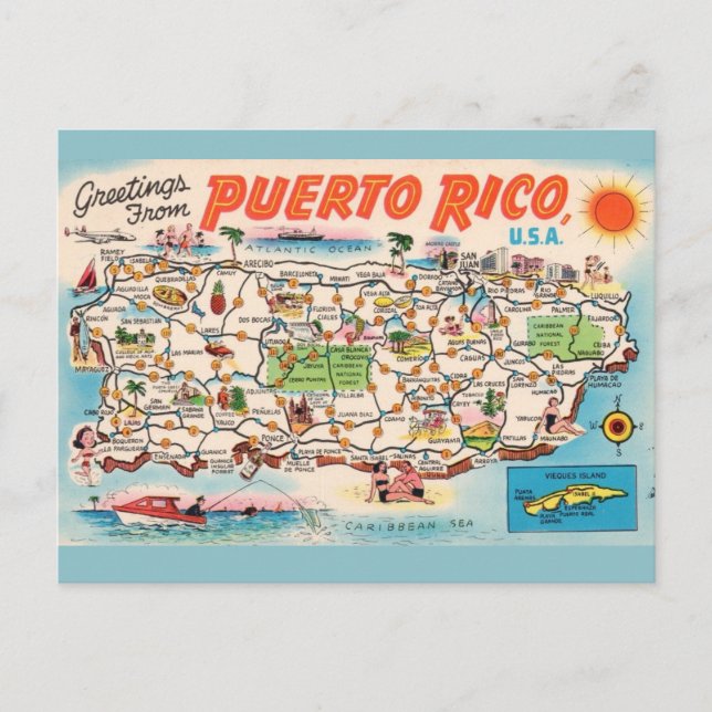 Vintage Puerto Rico Karta Vykort (Framsida)