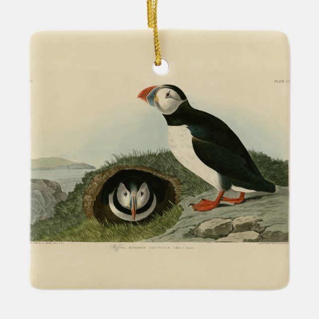 Vintage Puffin Illustration Julgransprydnad Keramik (Framsida)