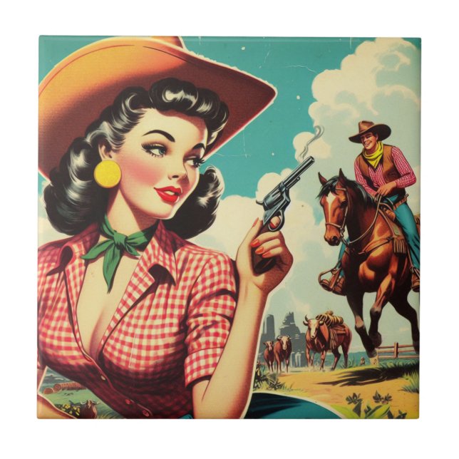 Vintage Pulp Cowgirl Illustration Kakelplatta (Framsidan)