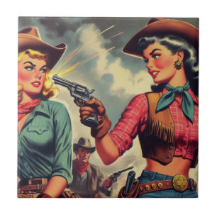 Vintage Pulp Cowgirl Illustration Kakelplatta
