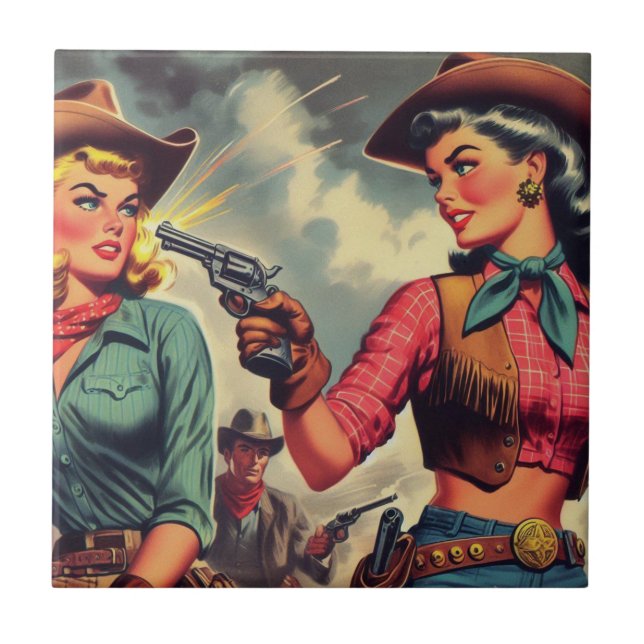 Vintage Pulp Cowgirl Illustration Kakelplatta (Framsidan)