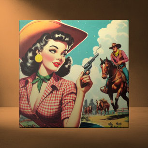 Vintage Pulp Cowgirl Illustration Kakelplatta