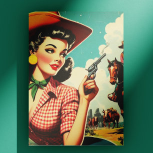 Vintage Pulp Cowgirl Illustration Vykort