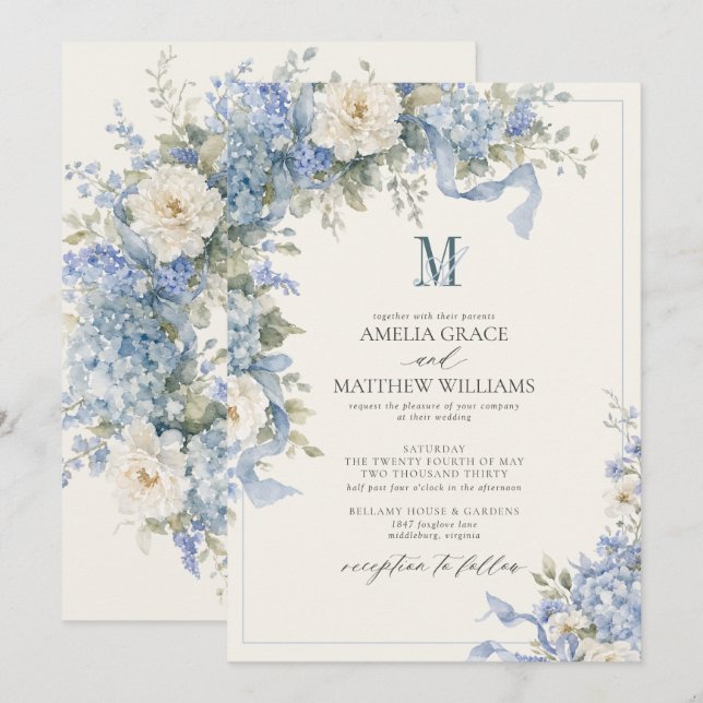 Vintage Pulverblå Hydrangea Band Monogram Bröllop Inbjudningar (Fram/baksida)