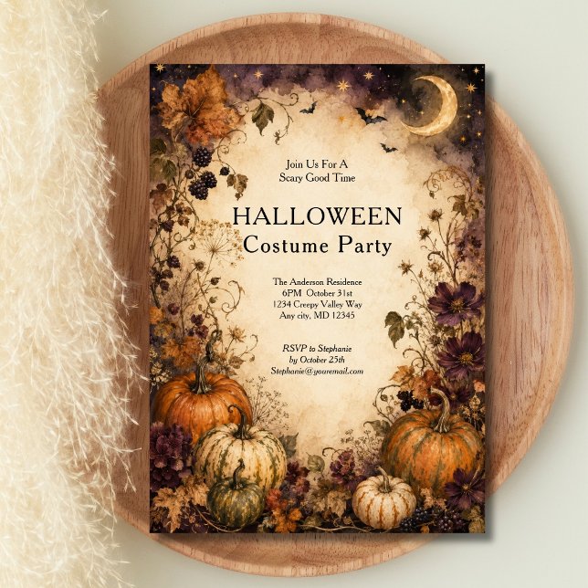 Vintage Pumpa Mån Halloweenfest Inbjudningar (Pumpkin Celestial Crescent Moon Halloween Costume Party Invitation)