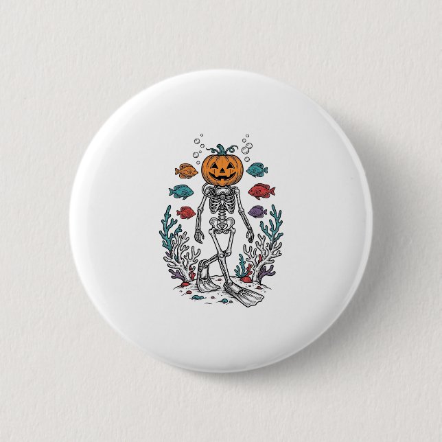 Vintage Pumpa Skelett Dykare Halloween Fisk Desi Knapp (Framsida)