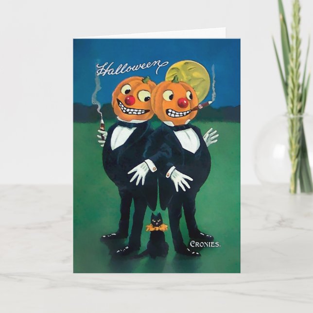 Vintage Pumpkin Cronies Halloween-kort Helgkort (Framsida)